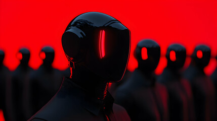 Robot army is standing in front of red background, wearing black uniforms and helmets with glowing red eyes, evoking futuristic military force and artificial intelligence