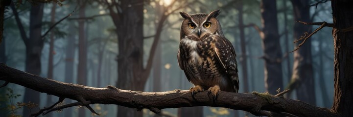 Fototapeta premium Enchanting owl roosting on branch as evening falls in peaceful forest, conservation area, owl species, nighttime, dusk