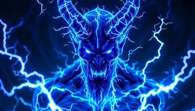 Electrifying Demon: A Digital Painting of a Blue Devil Surrounded by Lightning