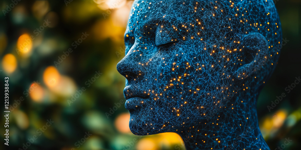 Poster digital visualization of ai integration in human form with abstract neural network design