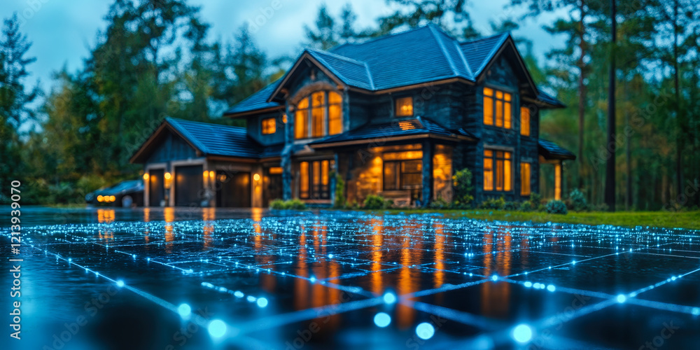Poster ai-driven smart home with automated lighting and innovative technology solutions in modern architect