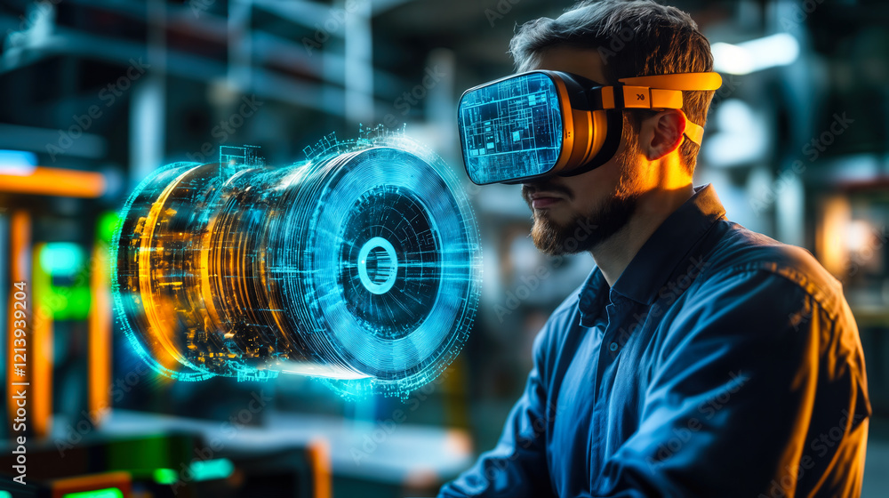 Poster engineer utilizing augmented reality headset with 3d holographic engine model in advanced manufactur
