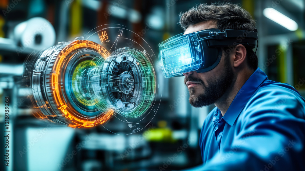 Poster male engineer using augmented reality headset for 3d holographic engine model in high-tech factory s
