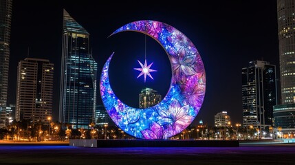 Illuminated Crescent Moon Art Installation Cityscape Night