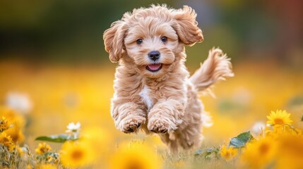 Happy Dog Running in Sunflower Field Under Bright Light