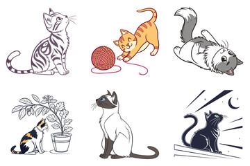 Adorable Vector, flat design Cat Illustrations – Playful, Cute, and Stylish Designs on a white background