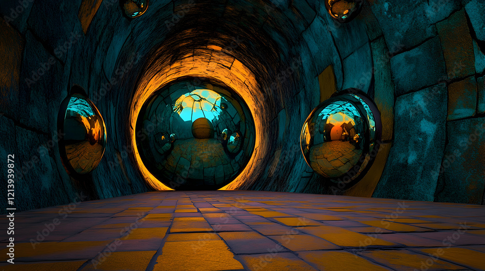 Poster several reflective spheres are floating in a mysterious tunnel with orange and teal lights, creating