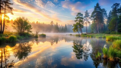 Obraz premium Misty forest pond at dawn, natural scenery, foggy forest, natural scenery
