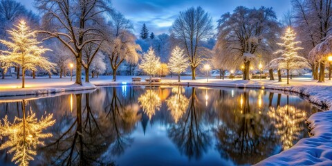 A serene winter landscape with snow-covered trees and twinkling lights reflected in a frozen pond, snowy park, nighttime scenery