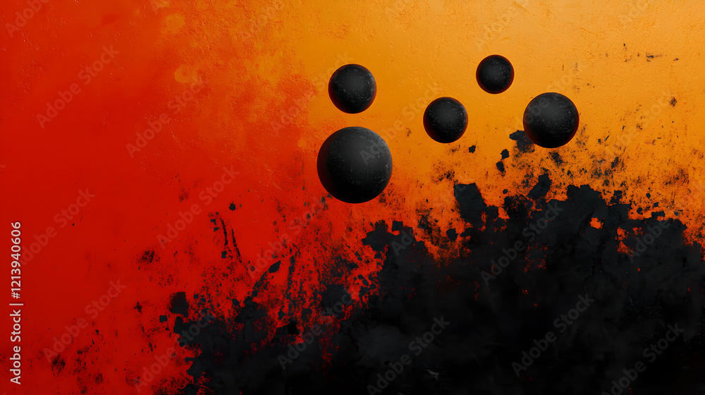 Poster black spheres hovering over fiery red orange gradient background, creating mysterious visual tension