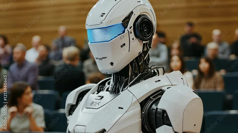 Poster robotic humanoid during a technology conference presenting innovations in artificial intelligence an