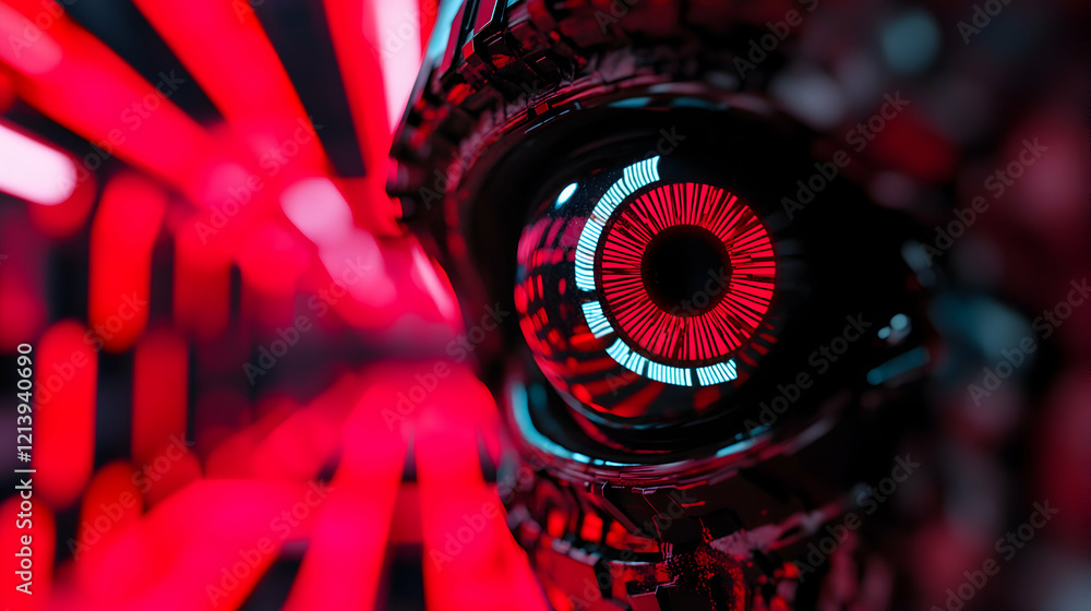 Poster metallic robotic eye scanning digital data, featuring glowing red circuits on crimson technological 