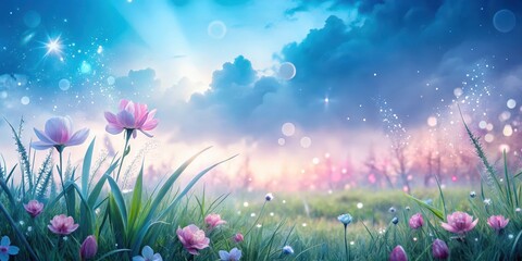 Fototapeta premium Soft pink and blue hues blend together in a cloudy spring morning sky with dew-kissed grass and blooming flowers in the foreground
