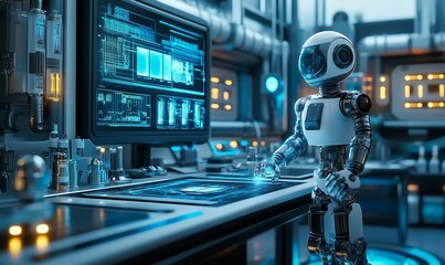 Robot operates futuristic lab equipment, glowing screens.