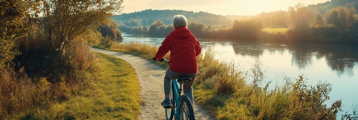 An elderly person riding a bicycle along a tranquil riverside path during sunset symbolizing a healthy retirement lifestyle