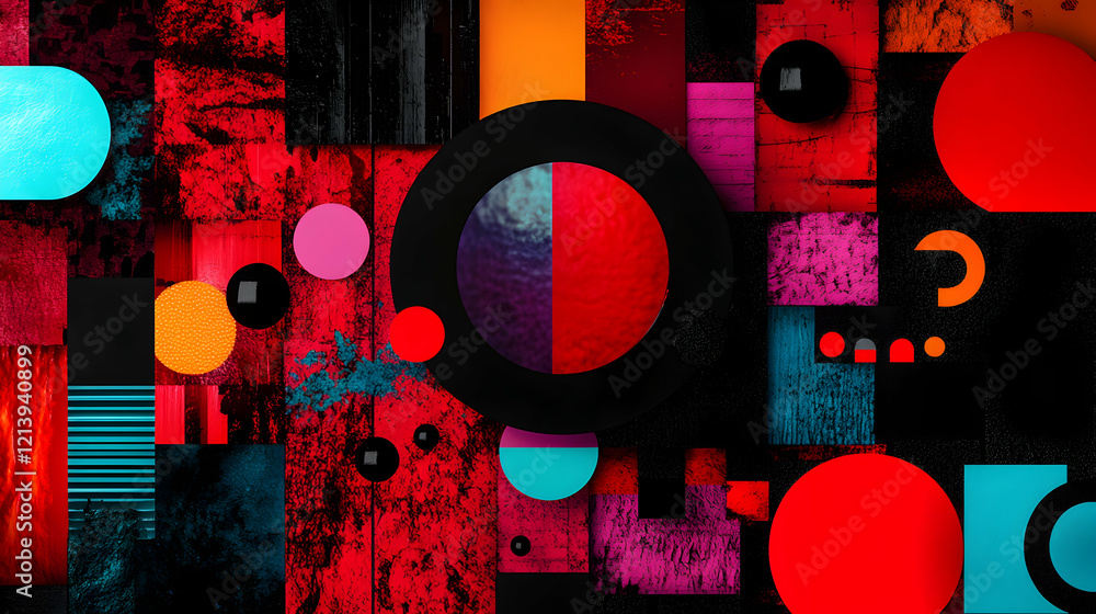 Poster geometric shapes overlapping with vivid colors, forming abstract composition of circles, squares, re