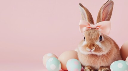 Graceful brown rabbit adorned with a bow, surrounded by festive polka-dot eggs on a pink backdrop.
