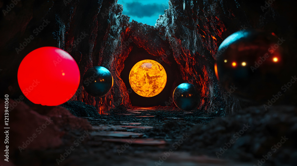 Poster luminescent orbs casting ethereal light inside shadowy cavern, celestial object looming beyond, evok
