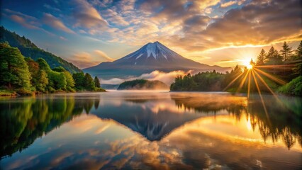 Fototapeta premium A majestic mountain landscape with a serene lake and a rising sun casting a warm glow over the scenery, serenity, peaceful