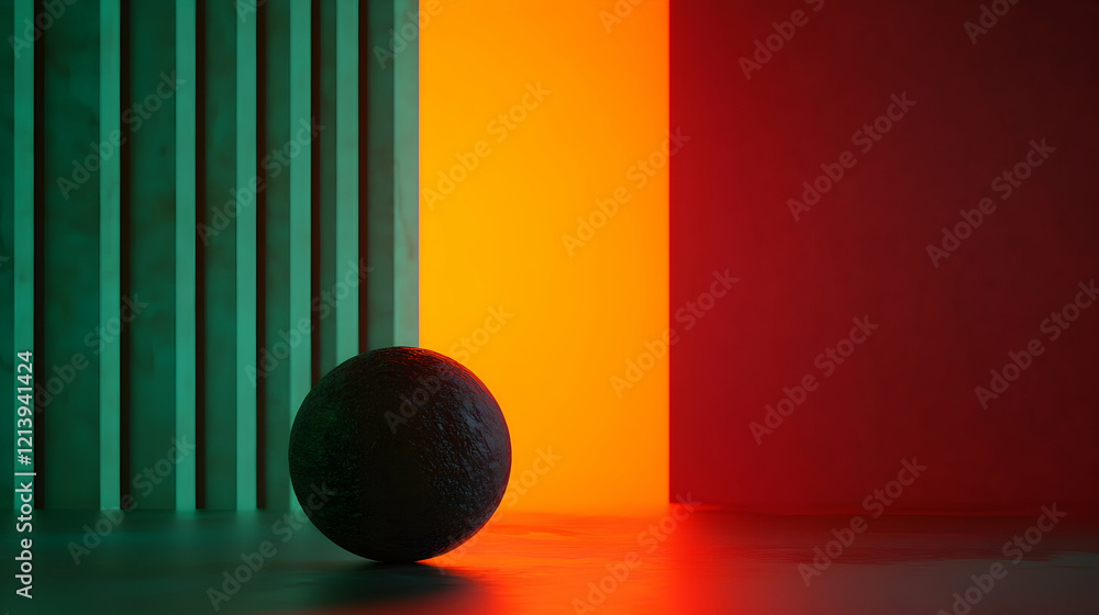 Poster dark textured sphere resting on reflective surface, intense orange light piercing through gap betwee