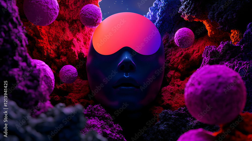 Poster futuristic face with visor navigating a vibrant alien planet filled with floating rocks under a star