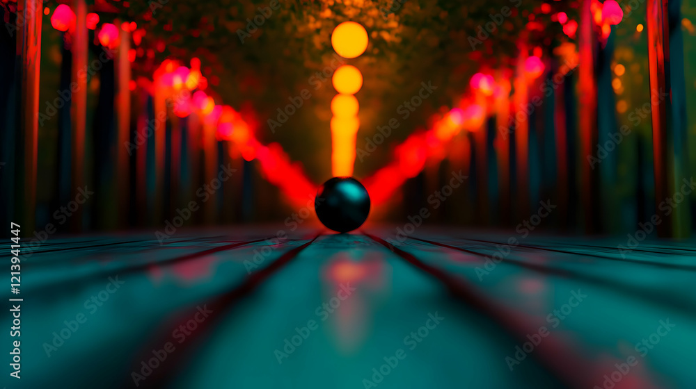 Poster black glass orb resting on glossy surface, surrounded by blurred multicolored lights generating dram