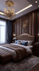 Fototapeta premium Luxurious Bedroom Interior Design with Tufted Headboard and Elegant Decor