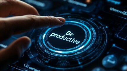 Futuristic "Be productive" button with tech interface. Great for efficiency and performance concepts.