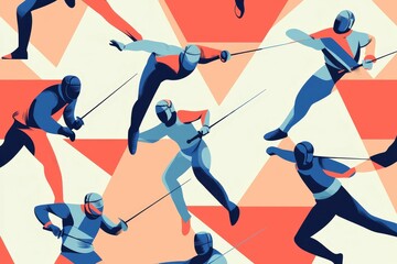 Abstract fencing athletes, vibrant geometric background.