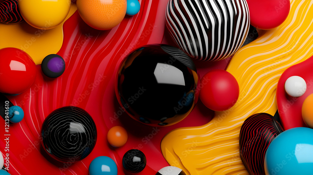 Poster abstract composition made of colorful spheres and wavy shapes creating a visually stimulating and pl
