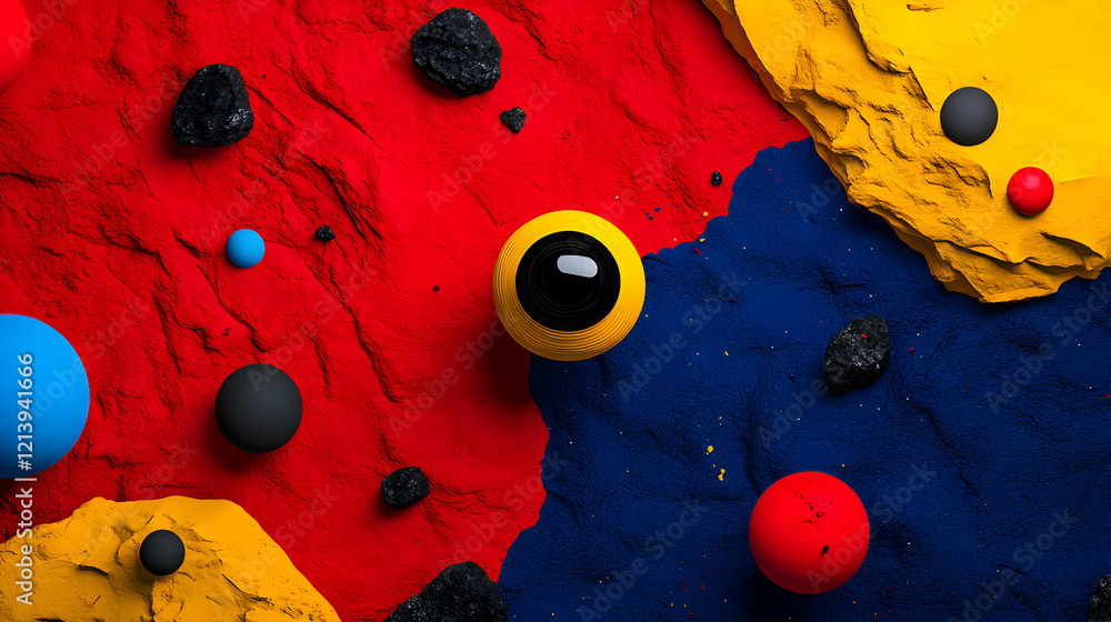 Poster colorful abstract composition dividing background into red, blue, yellow sectors, featuring spherica
