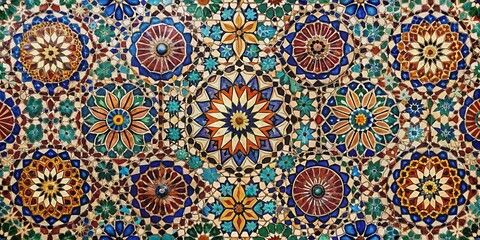 Distressed ceramic tile pattern with intricate geometric designs and rich jewel-toned colors reminiscent of traditional Moroccan architecture, Distressed, Tiles