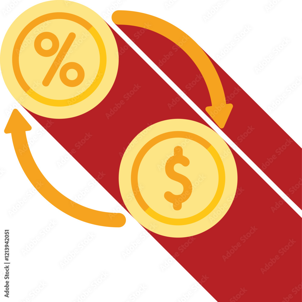 Poster illustration of currency exchange converting percentage to us dollars with arrows exchanging between