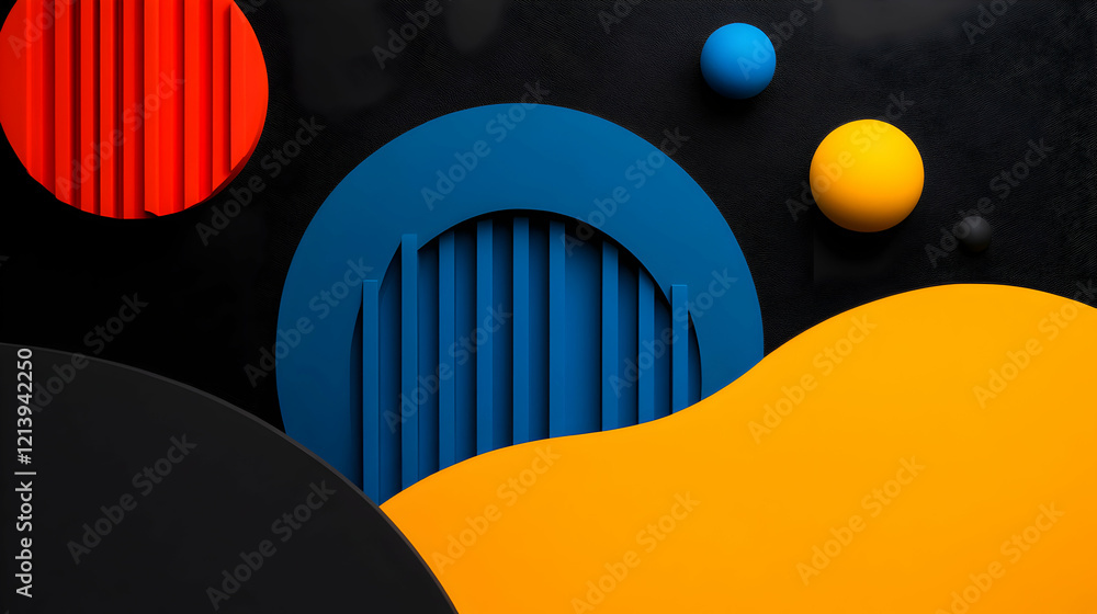Poster vibrant geometric shapes dancing across black canvas, creating dynamic abstract pattern with bold co