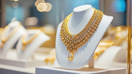 A stunning gold necklace with intricate detailing, elegantly displayed on a white stand