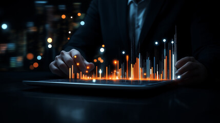 Data Driven Decisions: A close-up of a businessperson's hands interacting with a glowing tablet screen displaying data visualizations, illuminating the power of data analytics in the digital age. 