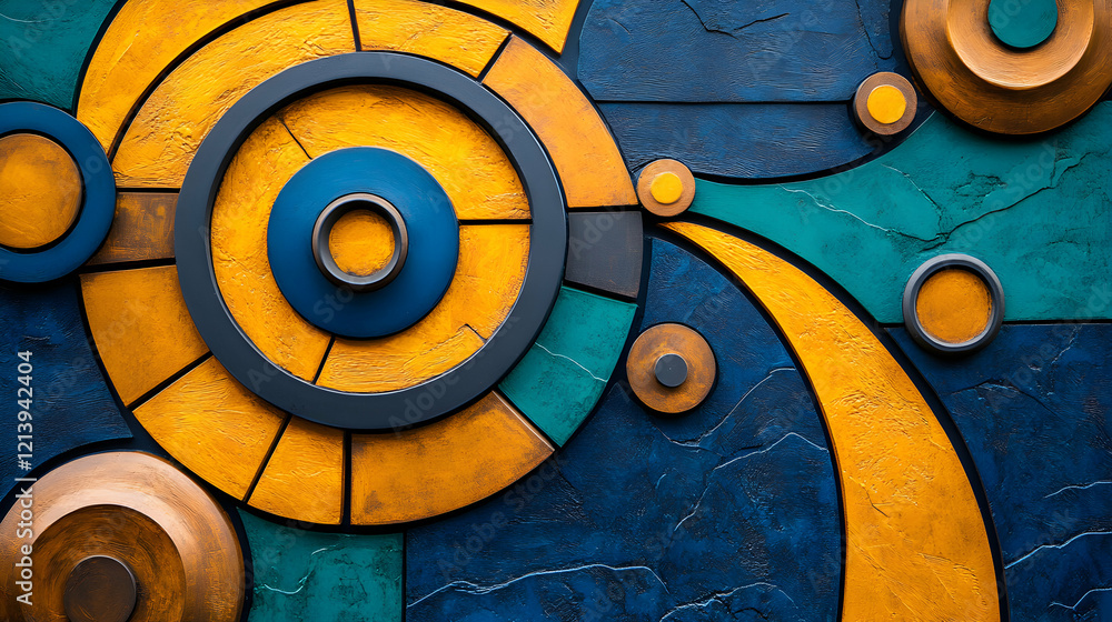 Poster overlapping circles and geometric forms in vivid yellow, blue, teal interweaving dynamically, genera