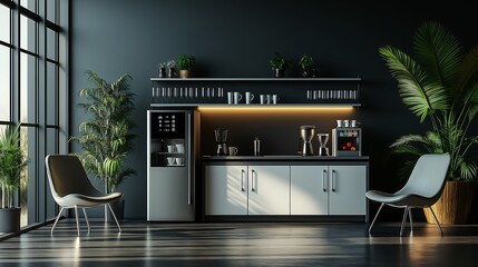 Serene Office Breakroom Setup with a Coffee Station, Relaxing Atmosphere for Employees