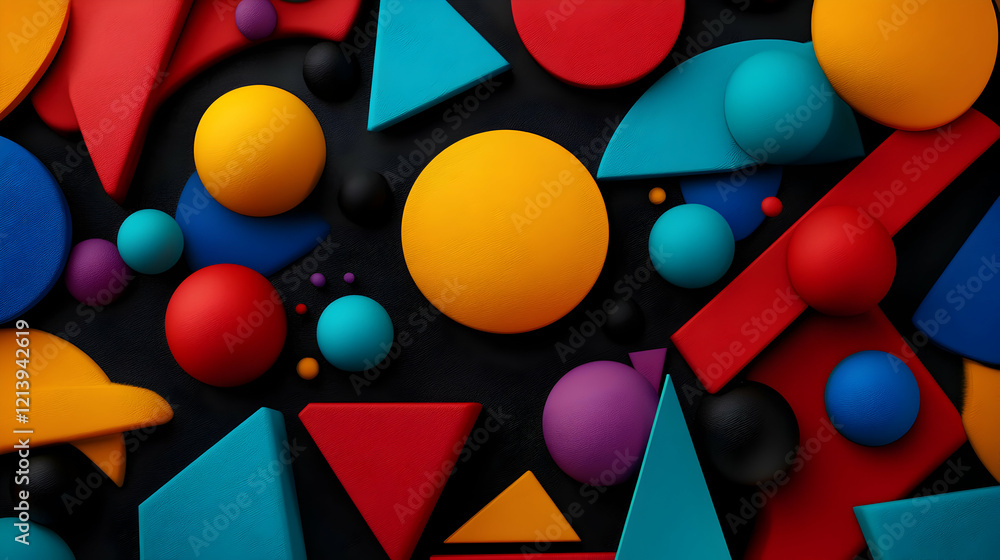 Poster geometric shapesspheres, triangles, circles, rectanglesintersecting dynamically against dark backgro