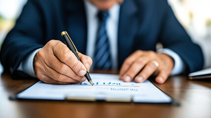 Businessman Reviewing Documents: Close-up of a businessman's hands meticulously reviewing financial documents, his pen poised above a graph, signifying careful analysis and strategic planning. 
