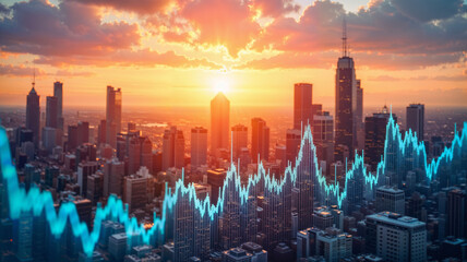 Fototapeta premium This powerful image captures the essence of modern finance, with a dynamic stock chart overlayed on a stunning city skyline