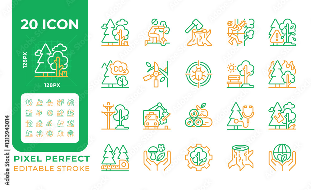 Poster tree services two color line icons set. forestry and logging. tree care. forest management. nature c
