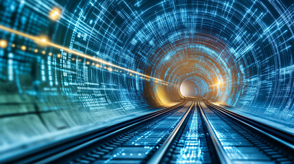 Data Highway: A captivating image that symbolizes the future of technology, where a train track leads into a tunnel illuminated by glowing code and digital patterns.