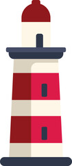 Illustration of a red and white lighthouse sending light beam at night over ocean sea water