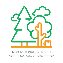 Forestry two color line icon. Natural landscape. Tree species and selection. Forest scenery. Woodland. Bicolor outline symbol. Duotone linear pictogram. Isolated illustration. Editable stroke