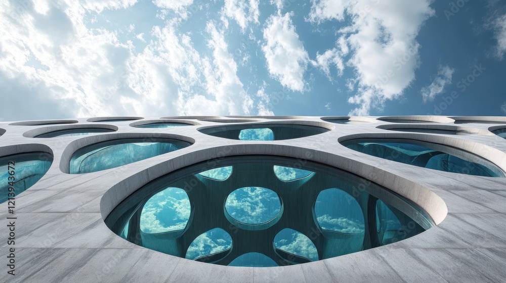 Poster abstract modern building facade with sky reflected in windows