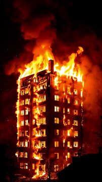 Dark Urban Building Engulfed in Flames Against a Stormy Sky