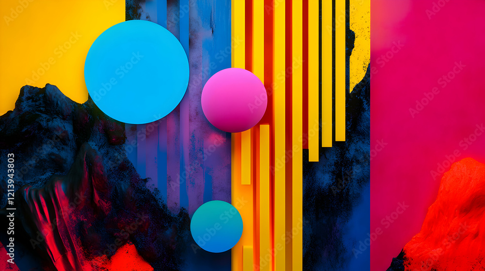 Poster Glowing neon spheres intersecting textured geometric surfaces, generating dynamic abstract design with luminous color interplay and dimensional visual complexity