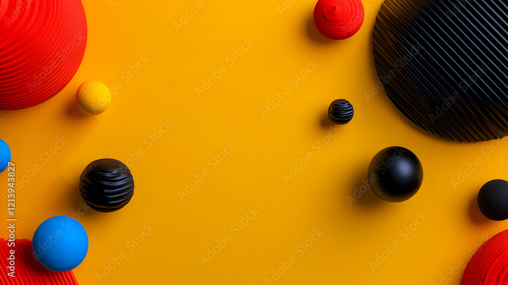 Poster multicolored spheres and textured disks arranged geometrically, forming vibrant abstract pattern aga