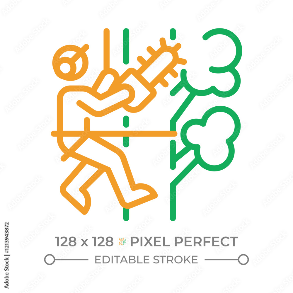 Poster tree trimming two color line icon. arborist worker with chainsaw. professional trimming. tree mainte